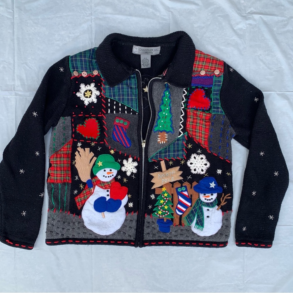 Y2K Chandler Hill Petite Snowman Christmas North Pole Patchwork Cardigan Sweater